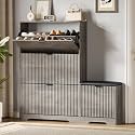 Xixini Shoe Storage Cabinet for Entryway with 3 Flip Drawers &amp; Bench, Slim Wood Shoe Organizer with Modern Fluted Panel, Freestanding Narrow Shoe Rack for Front Door Entrance, Hallway, Foyer, Grey