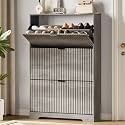 Xixini Shoe Storage Cabinet for Entryway with 3 Flip Drawers, Hidden Slim Wood Shoe Organizer with Modern Fluted Panel, Freestanding Narrow Shoe Rack for Front Door Entrance, Hallway, Foyer, Grey