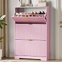 Xixini Shoe Storage Cabinet for Entryway with 3 Flip Drawers, Hidden Slim Wood Shoe Organizer with Modern Fluted Panel, Freestanding Narrow Shoe Rack for Front Door Entrance, Hallway, Foyer, Pink