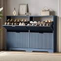 Xixini Shoe Storage Cabinet for Entryway with 4 Flip Drawers, Hidden Slim Wood Shoe Organizer with Modern Fluted Panel, Freestanding Narrow Shoe Rack for Front Door Entrance, Hallway, Foyer, Blue