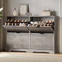 Xixini Shoe Storage Cabinet for Entryway with 4 Flip Drawers, Hidden Slim Wood Shoe Organizer with Modern Fluted Panel, Freestanding Narrow Shoe Rack for Front Door Entrance, Hallway, Foyer, Grey