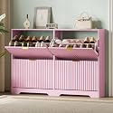 Xixini Shoe Storage Cabinet for Entryway with 4 Flip Drawers, Hidden Slim Wood Shoe Organizer with Modern Fluted Panel, Freestanding Narrow Shoe Rack for Front Door Entrance, Hallway, Foyer, Pink
