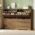 Xixini Shoe Storage Cabinet for Entryway with 4 Flip Drawers, Hidden Slim Wood Shoe Organizer with Modern Fluted Panel, Freestanding Narrow Shoe Rack for Front Door Entrance, Hallway, Foyer, Walnut