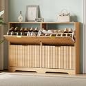 Xixini Shoe Storage Cabinet for Entryway with 4 Flip Drawers, Hidden Slim Wood Shoe Organizer with Modern Fluted Panel, Freestanding Narrow Shoe Rack for Front Door Entrance, Hallway, Foyer, Oak