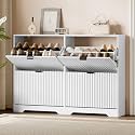 Xixini Shoe Storage Cabinet for Entryway with 4 Flip Drawers, Hidden Slim Wood Shoe Organizer with Modern Fluted Panel, Freestanding Narrow Shoe Rack for Front Door Entrance, Hallway, Foyer, White