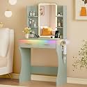 Xixini Vanity Desk with LED Lights Mirror &amp; Power Outlet, Small Makeup Vanity Table Set with Storage Drawers, 3 Lighting Modes &amp; Adjustable Brightness, Dressing Table for Women Girls Bedroom, Green