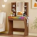 Xixini Vanity Desk with LED Lights Mirror &amp; Power Outlet, Small Makeup Vanity Table Set with Storage Drawers, 3 Lighting Modes &amp; Adjustable Brightness, Dressing Table for Women Girls Bedroom, Walnut