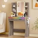 Xixini Vanity Desk with LED Lights Mirror &amp; Power Outlet, Small Makeup Vanity Table Set with Storage Drawers, 3 Lighting Modes &amp; Adjustable Brightness, Dressing Table for Women Girls Bedroom, Grey