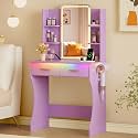 Xixini Vanity Desk with LED Lights Mirror &amp; Power Outlet, Small Makeup Vanity Table Set with Storage Drawers, 3 Lighting Modes &amp; Adjustable Brightness, Dressing Table for Women Girls Bedroom, Purple
