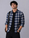 Xkind Men Checkered Casual Dark Blue Shirt