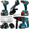 XLNT 4 Power Tool Combo Kit Cordless Drill,Angle Grinder,Impact Wrench,Rotary Hammer Power & Hand Tool Kit