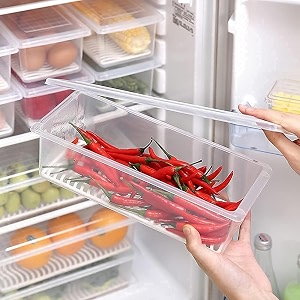 xmart india fridge storage box with removable drain plate and lid stackable fridge storage containers 1500ml - ideal for storing fish vegetables fruits kitchen accessories items for home4 pcs