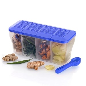 xmart india multipurpose plastic 4 in 1 masala box for kitchen spice boxes for kitchen4 compartment storage containers grocerycerealdry fruits dabba 1800 ml with 4 spoonsblue
