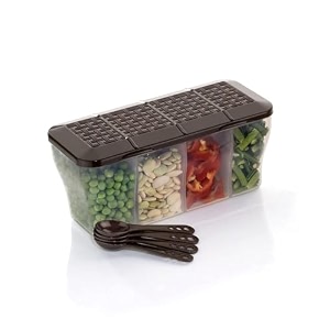 xmart india multipurpose plastic 4 in 1 masala box for kitchen spice boxes for kitchen4 compartment storage containers grocerycerealdry fruits dabba 1800 ml with 4 spoonsbrown