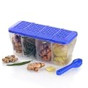 Xmart India Multipurpose Plastic 4 in 1 Masala Box for Kitchen, Spice Boxes for Kitchen,4 Compartment Storage Containers Grocery,Cereal,Dry Fruits Dabba 1800 Ml with 4 Spoons(Blue)