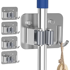 xml mop broom toilet jet spray holder pack of -4 with 1 hanger hook heavy duty metal wall mounted without drilling self adhesive storage organizer for home kithen bathroom garden garage silver
