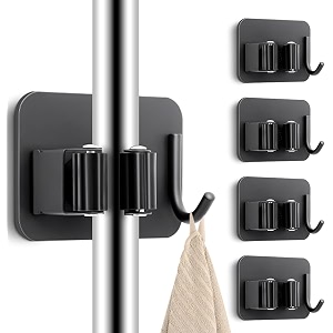 xml mop broom toilet jet spray holder pack of -2 with 1 hanger hook heavy duty metal wall mounted without drilling self adhesive tool storage organizer for home kithen bathroom garden garage black