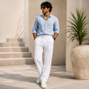 XQZG Men Regular Fit White Linen Blend