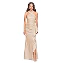 Xscape Evenings Women's Long, Bodycon Low-Sheen Cross Front Halter Neck Evening Dress with Ruching &amp; Ruffle Detail