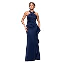 Xscape Evenings Women's Long, Bodycon Low-Sheen Cross Front Halter Neck Evening Dress with Ruching &amp; Ruffle Detail