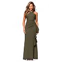 Xscape Evenings Women's Long, Bodycon Low-Sheen Cross Front Halter Neck Evening Dress with Ruching & Ruffle Detail