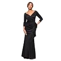 Xscape Women's Floor Length V-Neck Bodycon Evening Gown with 3/4 Sleeves, Rushing, &amp; Ruffle Detail