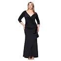 Xscape Women's Floor Length V-Neck Bodycon Evening Gown with 3/4 Sleeves, Ruching, &amp; Ruffle Detail, Black, 22W, Plus Size