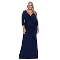 Xscape Women's Floor Length V-Neck Bodycon Evening Gown with 3/4 Sleeves, Rushing, &amp; Ruffle Detail
