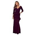 Xscape Women's Floor Length V-Neck Bodycon Evening Gown with 3/4 Sleeves, Rushing, &amp; Ruffle Detail