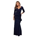Xscape Women's Floor Length V-Neck Bodycon Evening Gown with 3/4 Sleeves, Rushing, &amp; Ruffle Detail