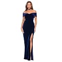Xscape Women's Long Velvet Off-The-Shoulder Sweetheart Neckline Dress with Leg Slit and Center Back Zipper, Navy, 8