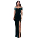 Xscape Women's Long Velvet Off-the-Shoulder Gown with Leg Slit and Center Back Zipper, Hunter, 12