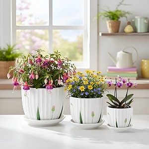 xstore xtore elegant ribbed ceramic planter set of 3 with drainage tray  modern indoor plant pots for home decor succulents herbs amp desk plants - pack of 3 planters only