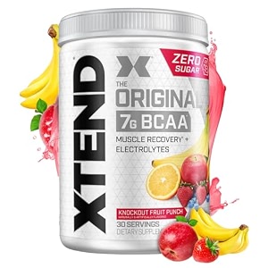 xtend original bcaa powder knockout fruit punch - sugar free workout muscle recovery drink with 7g bcaa  amino acid supplement with l glutamine amp electrolytes - 405 gms 30 servings