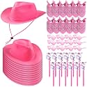 Xtinmee 48 Pcs Kids Cowboy Hat Set with Bandanas and Stick Horses, Pink