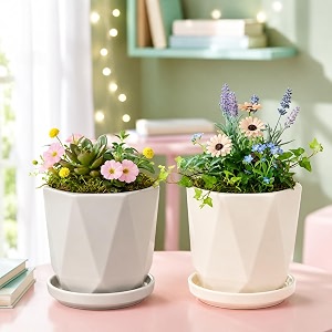 xtore refined geometric ceramic planter set of 2 with saucers for home amp office dcor  faceted indoor flower pots for succulents herbs cacti living room bedroom off-white light grey