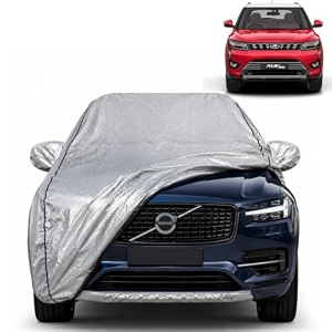 xuv 300 100 waterproof car cover  dustproof sun protection cover  soft cotton lining  triple stitched  mirror pocket  antenna pocket  all weather body cover silver with yellow piping