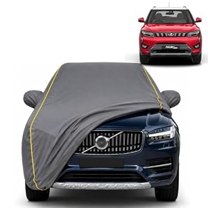 xuv 300 100 waterproof car cover  dustproof sun protection cover  soft cotton lining  triple stitched  mirror pocket  antenna pocket  all weather body cover grey with yellow piping