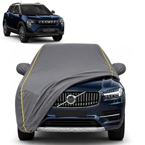 xuv 3xo 100 waterproof car cover  dustproof sun protection cover  soft cotton lining  triple stitched  mirror pocket  antenna pocket  all weather body cover grey with yellow piping