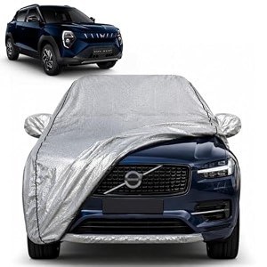 xuv 3xo 100 waterproof car cover  dustproof sun protection cover  soft cotton lining  triple stitched  mirror pocket  antenna pocket  all weather body cover silver with yellow piping