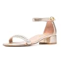 XYD Women Pearls Open Toe Strappy Low Block Heel Sandal Flats Ankle Strap with Buckle Wedding Bridal Dress Shoes