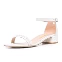 XYD Women Pearls Open Toe Strappy Low Block Heel Sandal Flats Ankle Strap with Buckle Wedding Bridal Dress Shoes