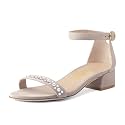 XYD Women Pearls Open Toe Strappy Low Block Heel Sandal Flats Ankle Strap with Buckle Wedding Bridal Dress Shoes