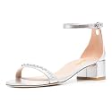 XYD Women Pearls Open Toe Strappy Low Block Heel Sandal Flats Ankle Strap with Buckle Wedding Bridal Dress Shoes