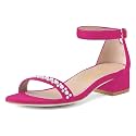 XYD Women Pearls Open Toe Strappy Low Block Heel Sandal Flats Ankle Strap with Buckle Wedding Bridal Dress Shoes
