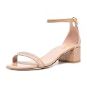 XYD Women Pearls Open Toe Strappy Low Block Heel Sandal Flats Ankle Strap with Buckle Wedding Bridal Dress Shoes