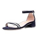 XYD Women Pearls Open Toe Strappy Low Block Heel Sandal Flats Ankle Strap with Buckle Wedding Bridal Dress Shoes