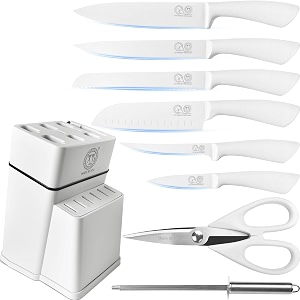 xyj authentic since 1986 stainless steel kitchen knives set with knife holder professional block set white color meat cleaver slicing cooking cutlery tools