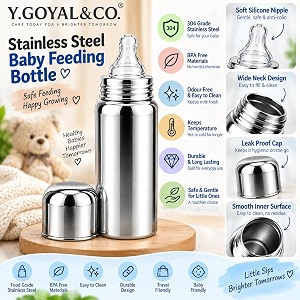y goyal amp co babyy feeding combo set for newborns amp infants  stainless steel feeding bottle spoon feeder fruit feeder amp food feeder  bpa free baby essentials kit 3 in 1 combo with bottle cover brush