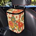 Y2K Hippie Daisy Flower Print Car Trash Can with Lid Accessories for Women Aesthetic Boho Portable Trash Bin Hanging Back of Seat Collapsible Leak Proof Multipurpose Vehicle Garbage Can